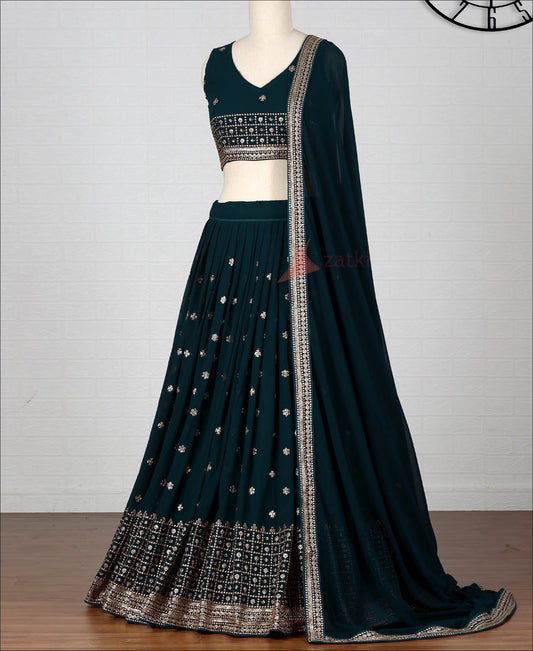 Georgette Sequence Embroiodery Work Rama Colored Lehenga Choli