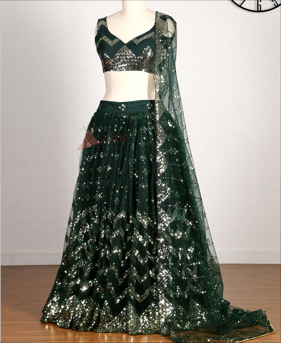 Dark Green Color Net Sequence Work Lehenga choli