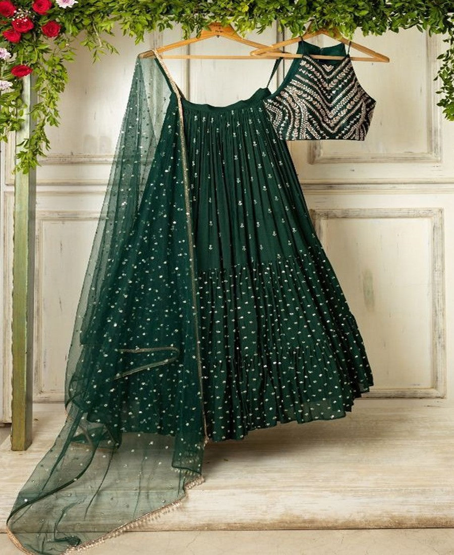 RE - Bottle green designer ruffle Lehenga Choli