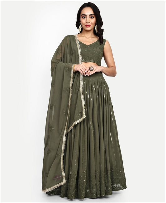 Dark Green Sequence Work Georgette Party Wear Lehenga Choli