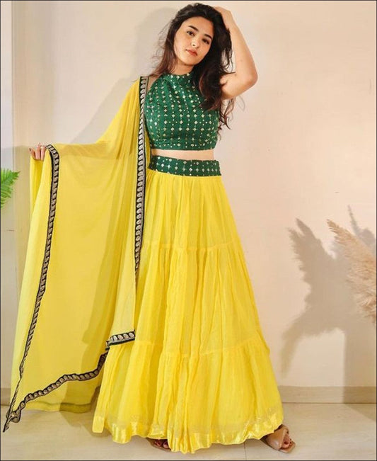 RE - Yellow Colored Georgette Frill Lehenga Choli