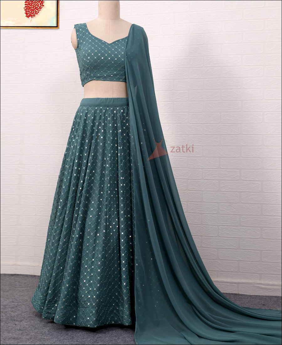 Teal Green Colored Georgette Party Wear Lehenga Choli